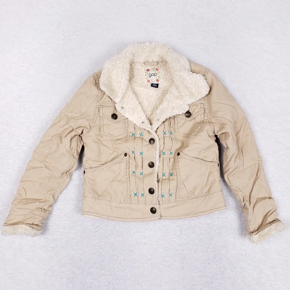 Gap Corduroy Sherpa Jacket Kids S 6 7 Embroidered Trucker Coat Beige Cozy